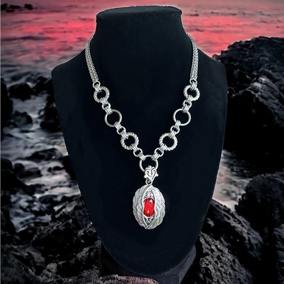 stainless steel necklace double wheat chain angel wings red stone charm . - Picture 10 of 13